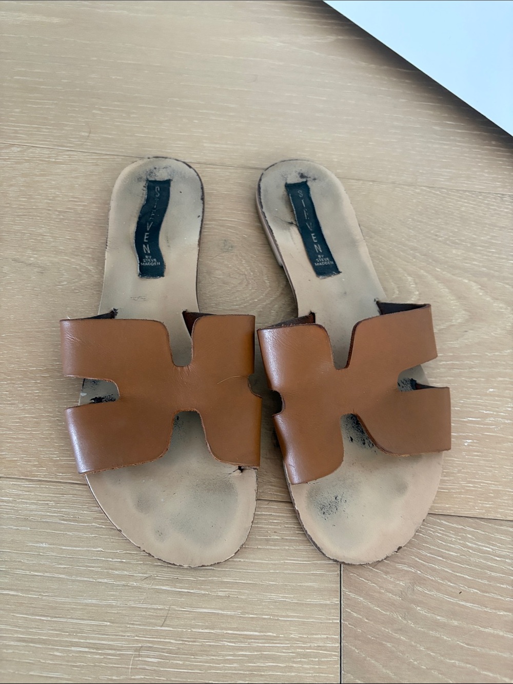 Steven By Steve Madden Cognac Brown Leather Cutout Slide Sandals